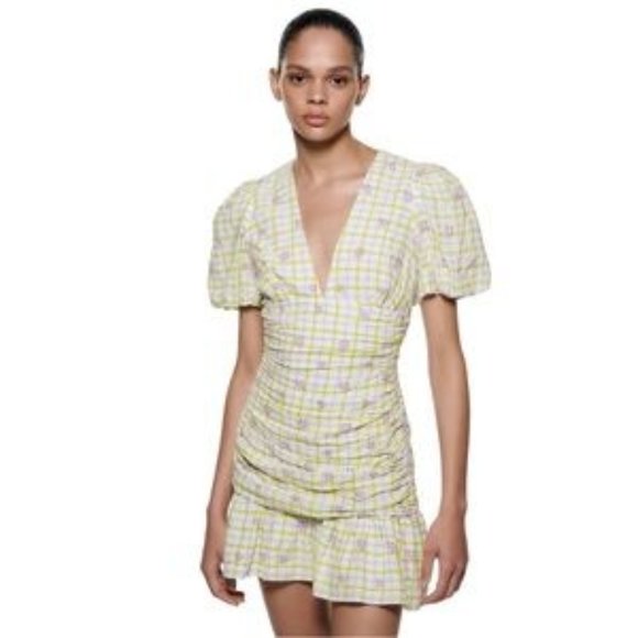 NWT Zara Floral Checkered Draped Mini W/ Adorable Balloon Short Sleeves. SZ XS - Picture 1 of 5